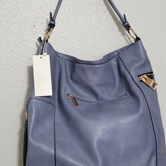 LeMiel Vegan Leather Blue 15" x 16" tote Shoulder Bag - Picture 2 of 12